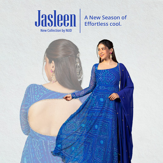 Regal Blue Bandhani Assymetric Neck Anarkali with Dupatta