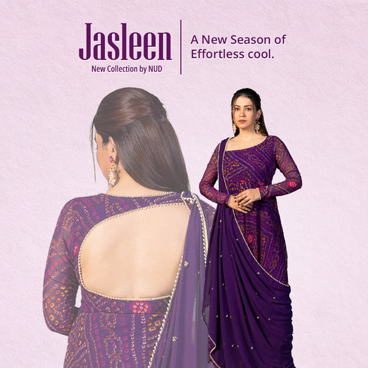Jazz Violet Bandhani Assymetric Neck Anarkali with Dupatta