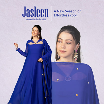 Velvet Blue Blossom Cutout Anarkali with Dupatta