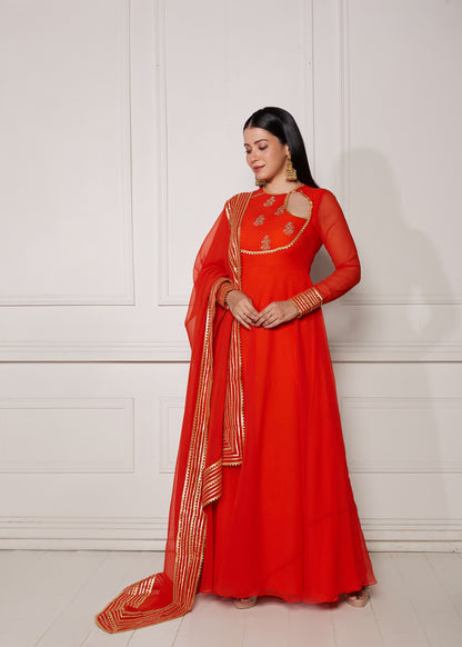 Tropical Tangerine Crescent Anarkali with Dupatta