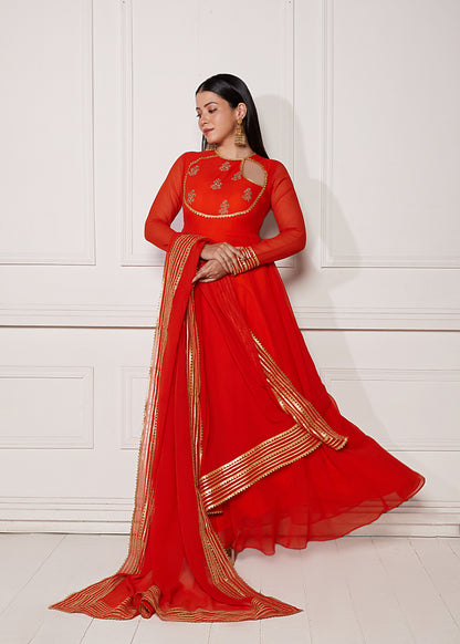 Tropical Tangerine Crescent Anarkali with Dupatta