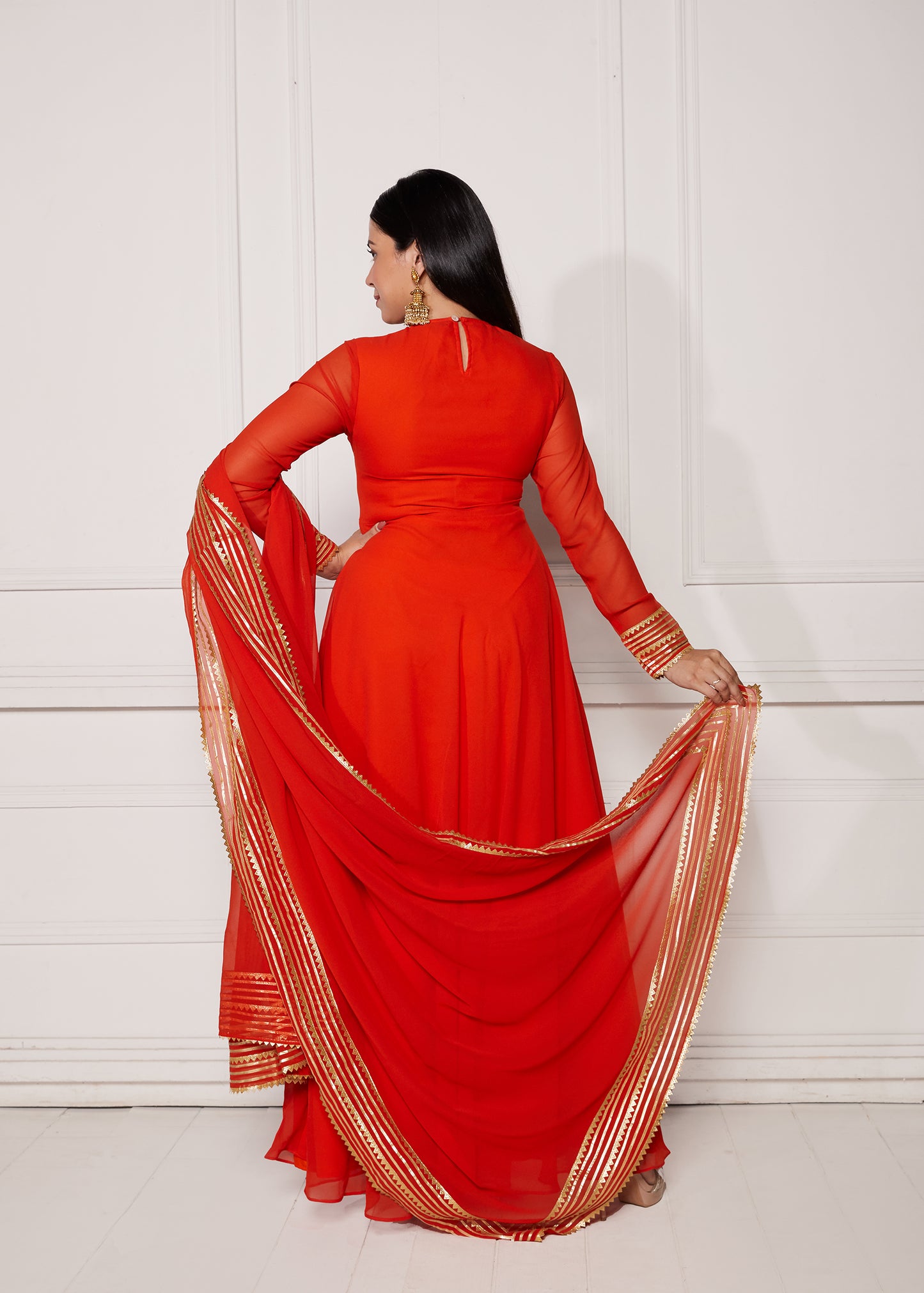 Tropical Tangerine Crescent Anarkali with Dupatta