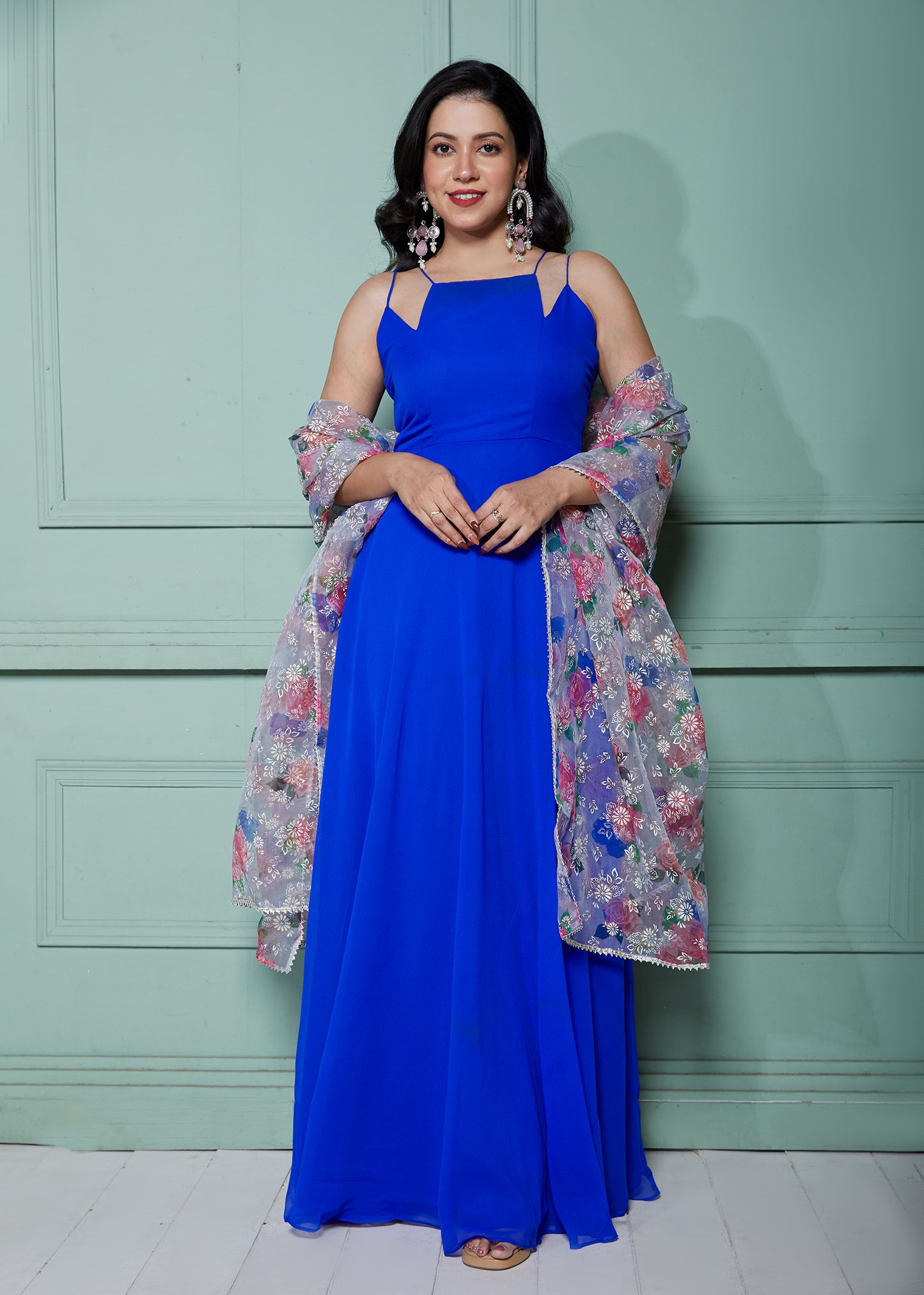 Marine Blue Strappy Anarkali with Dupatta