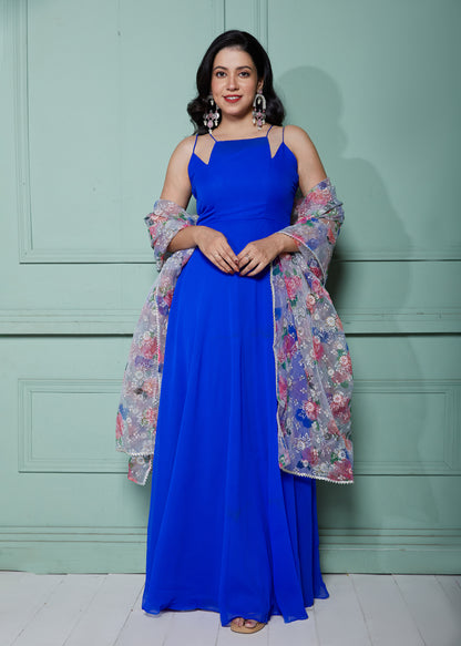 Marine Blue Strappy Anarkali with Dupatta