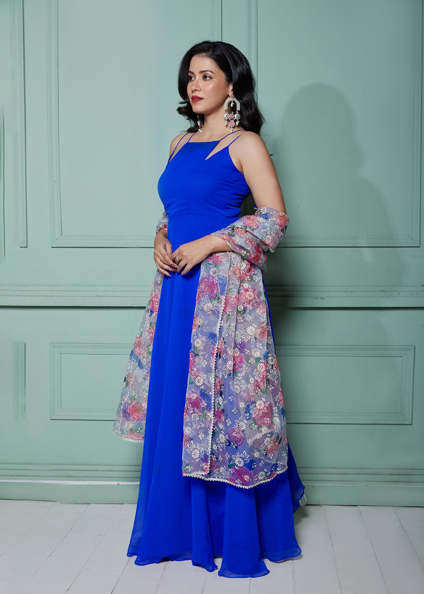 Marine Blue Strappy Anarkali with Dupatta