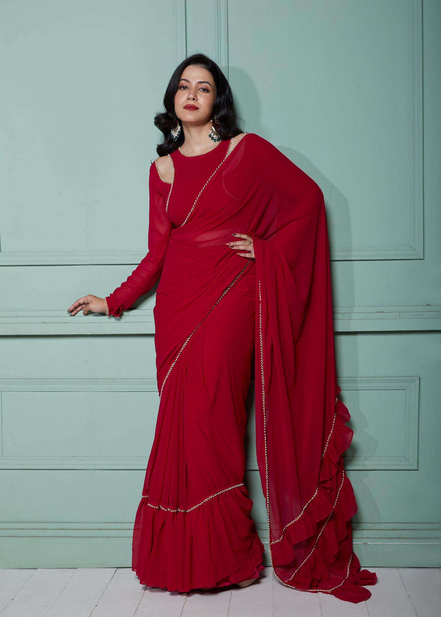 Maple Magenta Pre-Draped Frilled Saree with Blouse and Peticoat