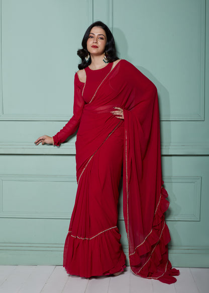 Maple Magenta Pre-Draped Frilled Saree with Blouse and Peticoat