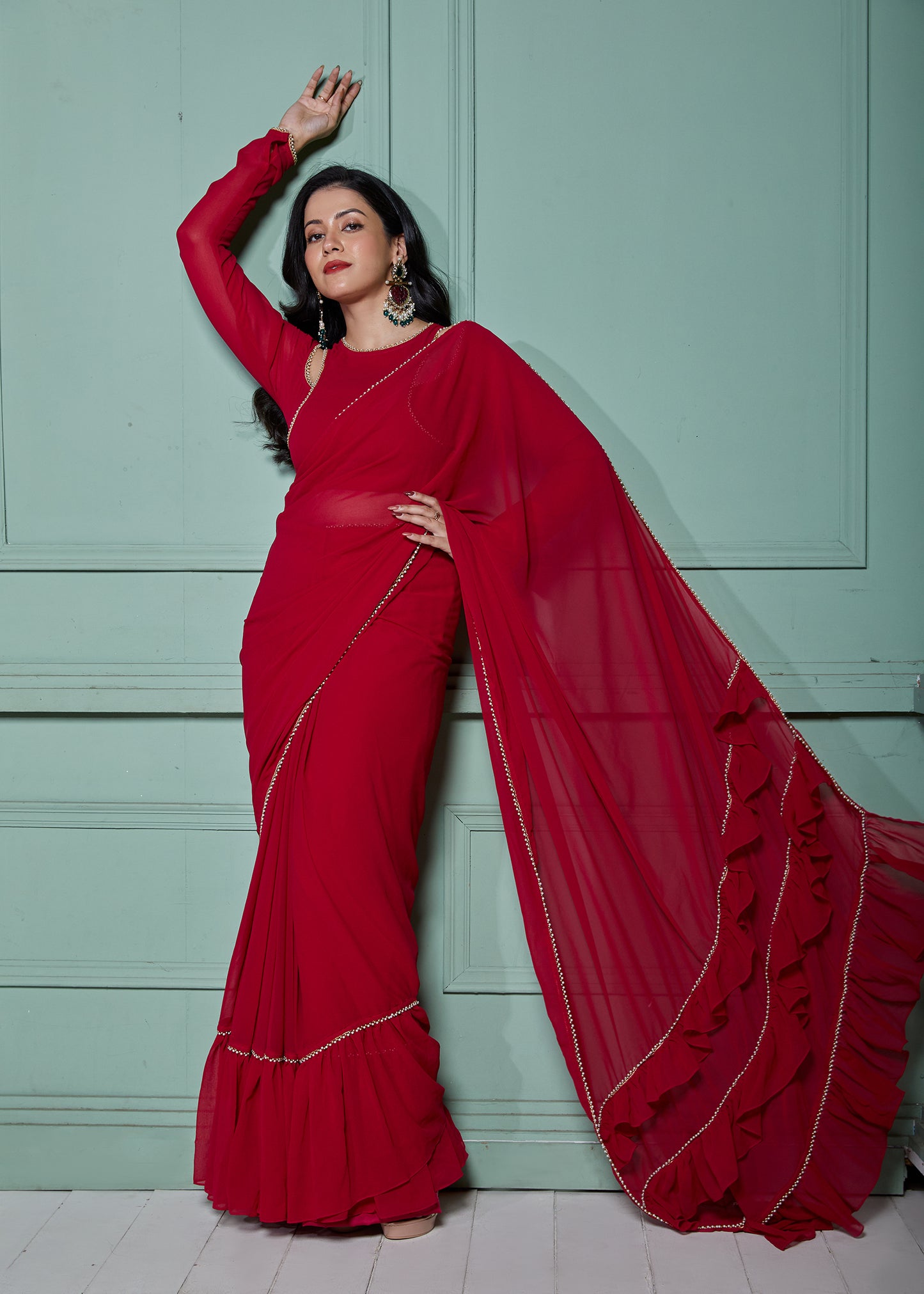 Maple Magenta Pre-Draped Frilled Saree with Blouse and Peticoat