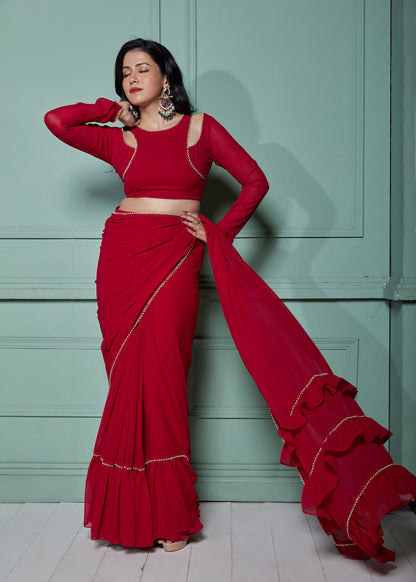 Maple Magenta Pre-Draped Frilled Saree with Blouse and Peticoat