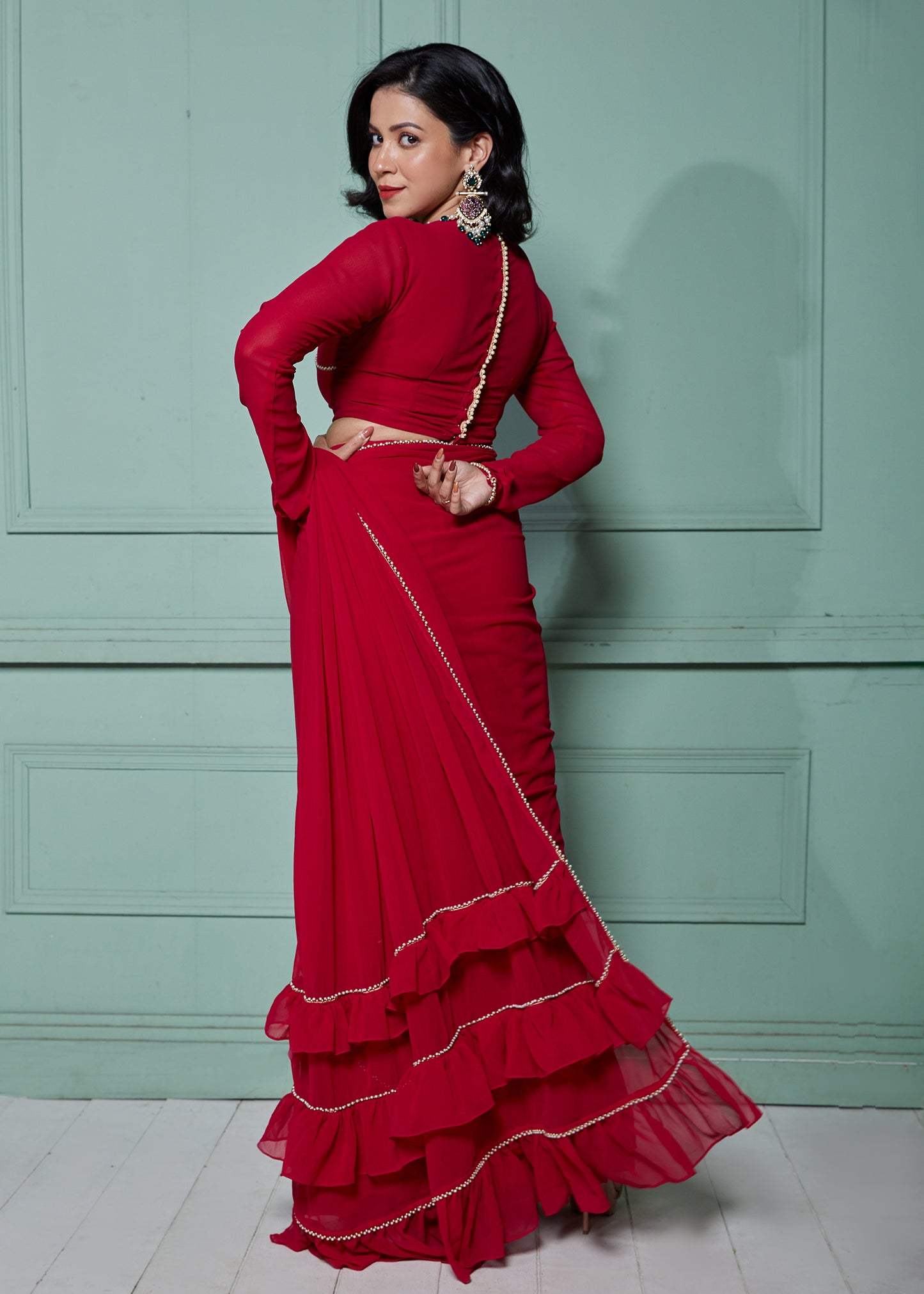 Maple Magenta Pre-Draped Frilled Saree with Blouse and Peticoat