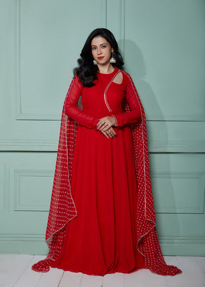 Ruby Woo Anarkali with Bandhani Dupatta