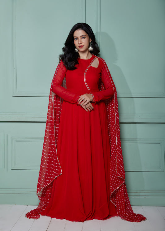 Ruby Woo Anarkali with Bandhani Dupatta