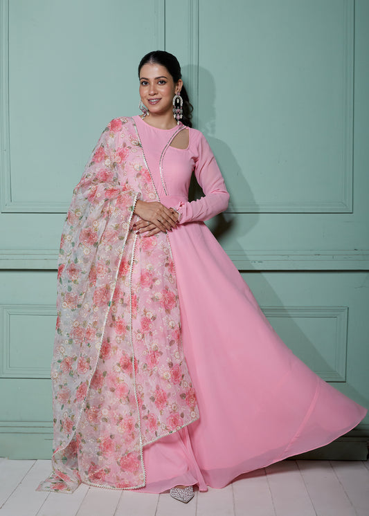 Carnation Pink Anarkali with Organza Dupatta