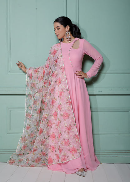 Carnation Pink Anarkali with Organza Dupatta