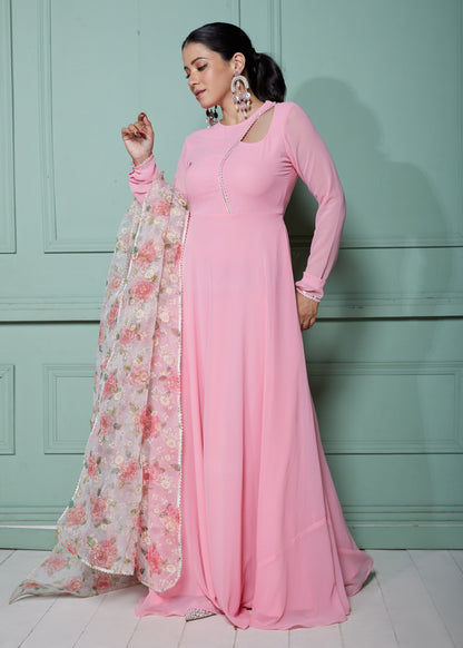 Carnation Pink Anarkali with Organza Dupatta