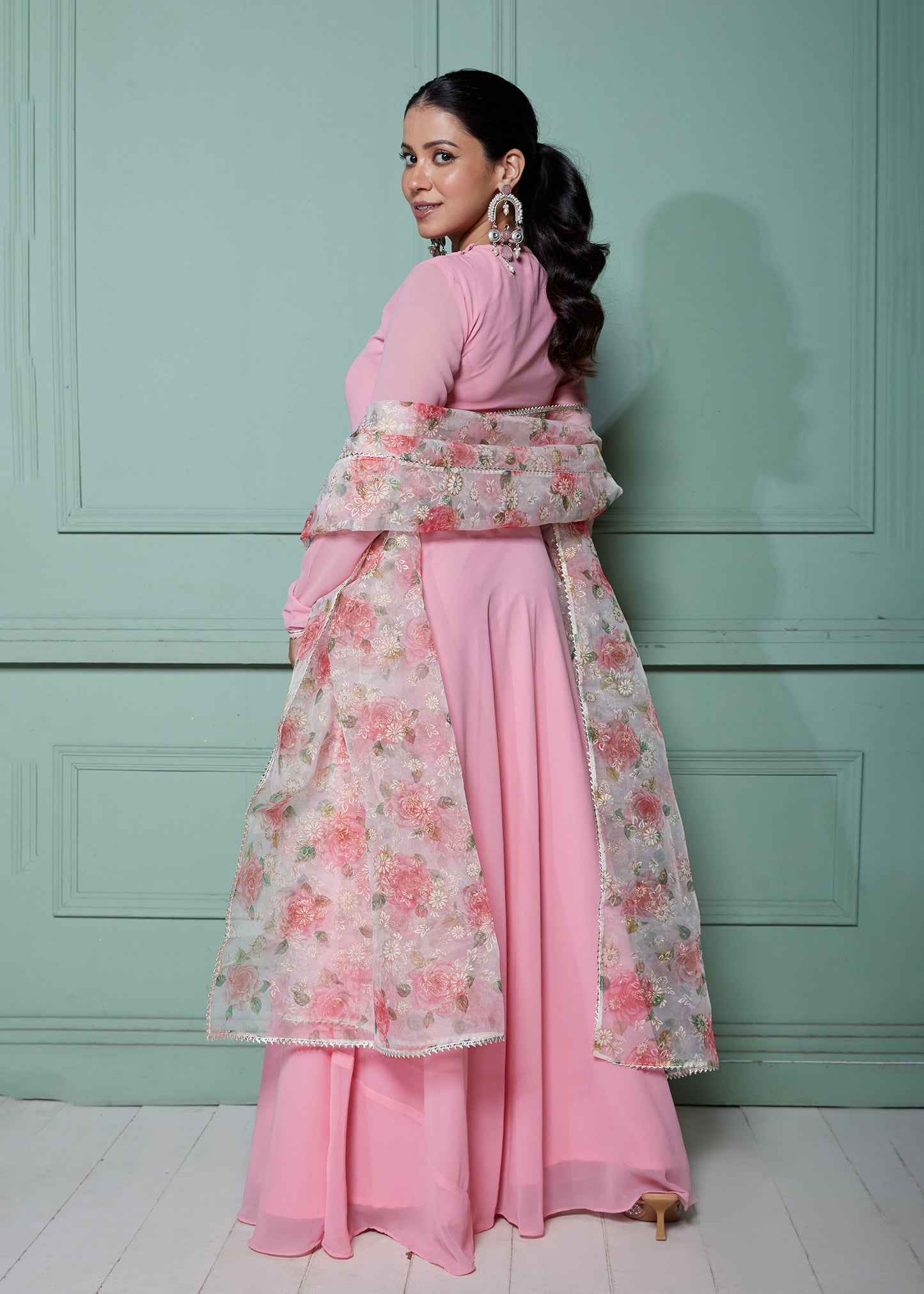 Carnation Pink Anarkali with Organza Dupatta