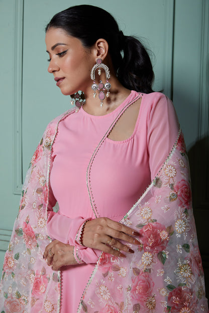 Carnation Pink Anarkali with Organza Dupatta