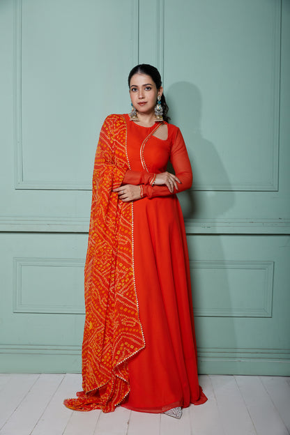 Burnt Orange Anarkali with Bandhani Dupatta