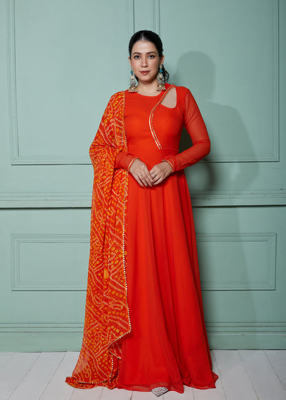 Burnt Orange Anarkali with Bandhani Dupatta