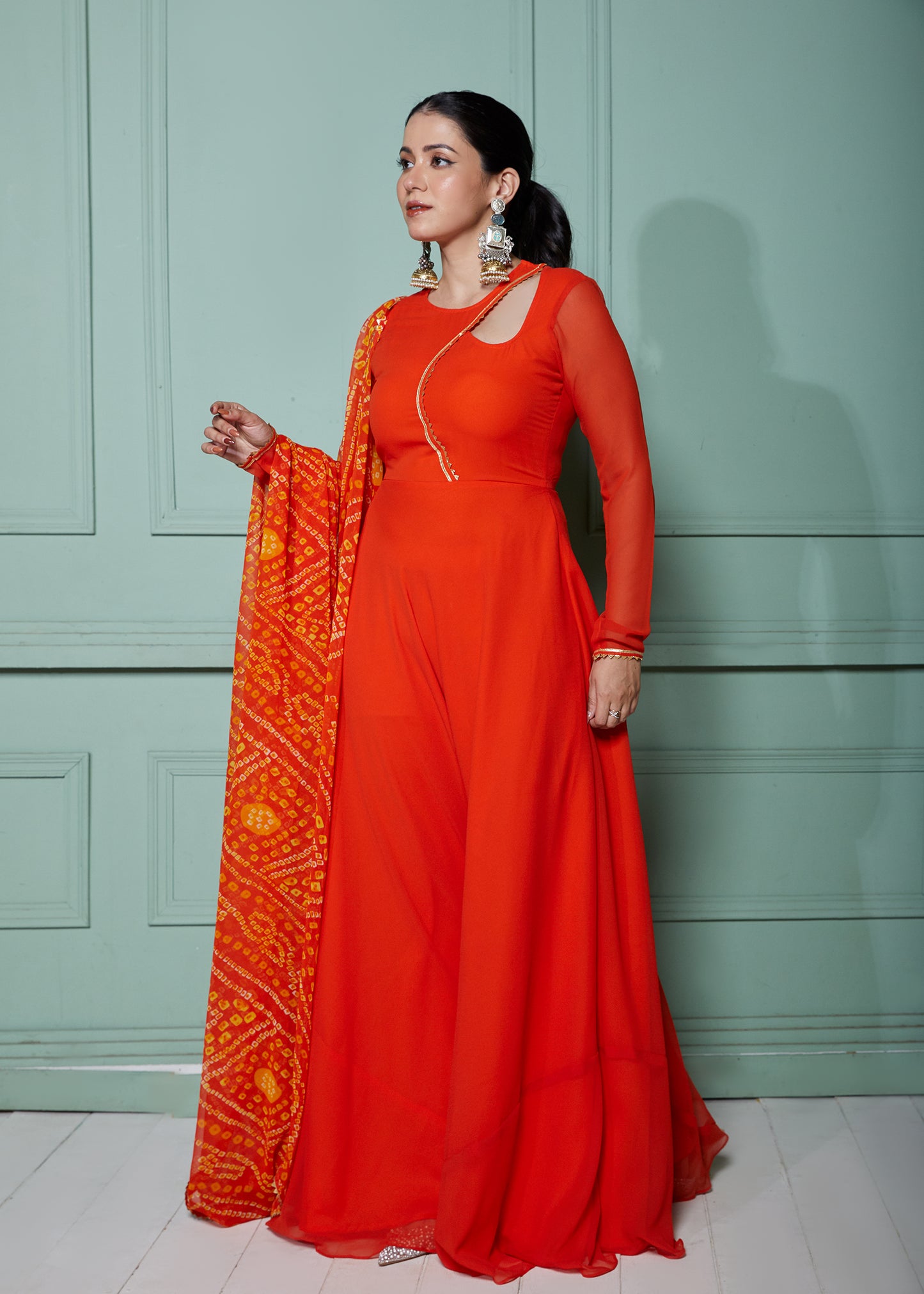 Burnt Orange Anarkali with Bandhani Dupatta