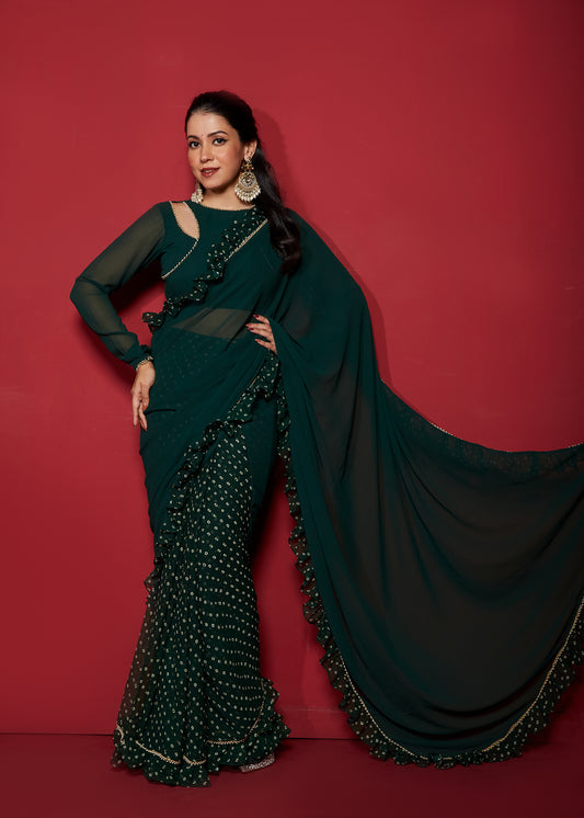 Opal Green Pre-Draped Frilled Saree with Blouse and Peticoat