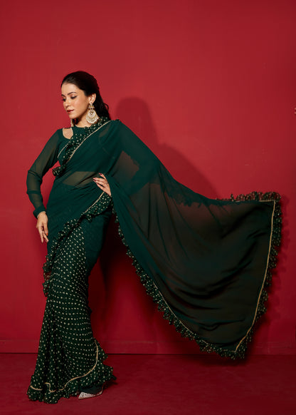 Opal Green Pre-Draped Frilled Saree