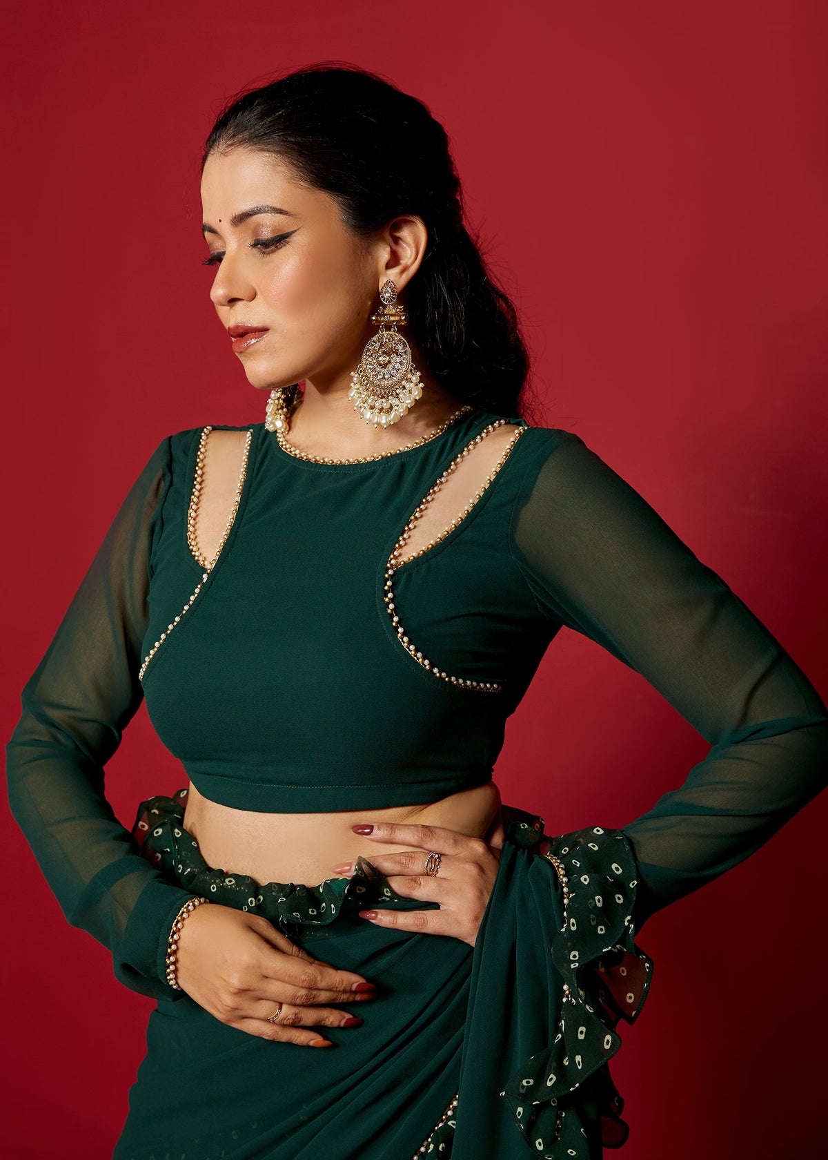 Opal Green Pre-Draped Frilled Saree with Blouse and Peticoat