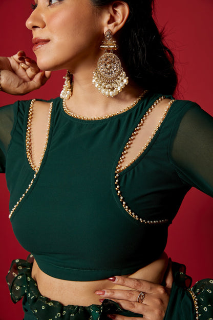 Opal Green Pre-Draped Frilled Saree with Blouse and Peticoat