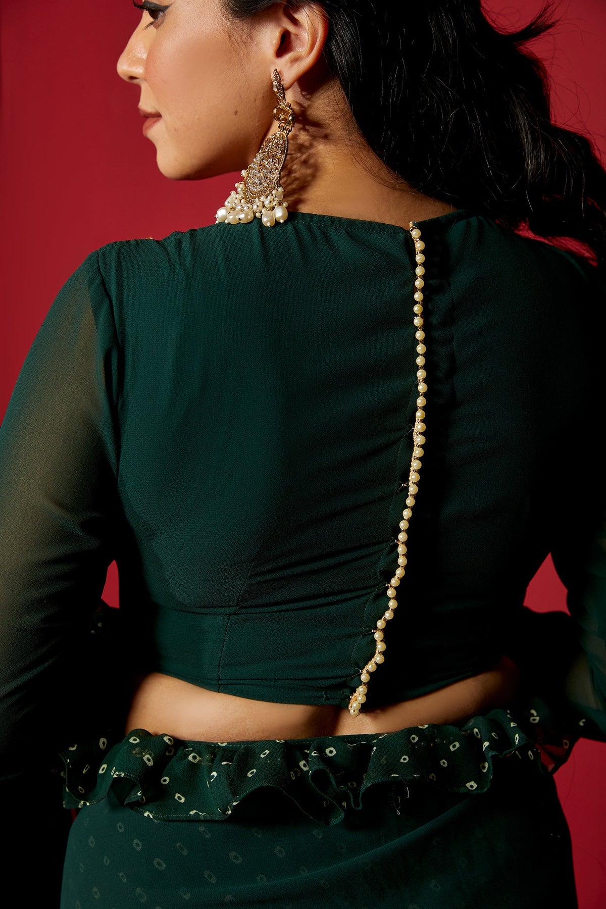 Opal Green Pre-Draped Frilled Saree with Blouse and Peticoat