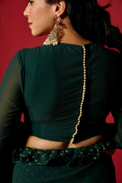 Opal Green Pre-Draped Frilled Saree with Blouse and Peticoat