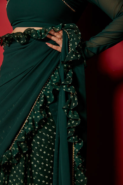 Opal Green Pre-Draped Frilled Saree