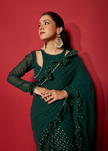 Opal Green Pre-Draped Frilled Saree