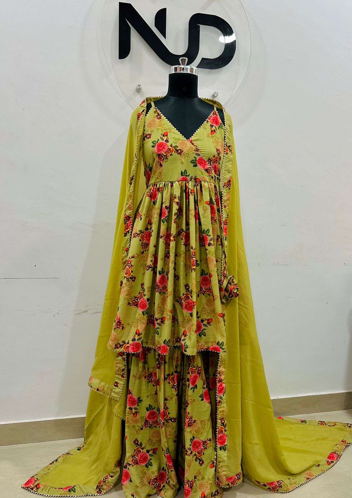 Avocado Green Floral Sharara Set With Dupatta