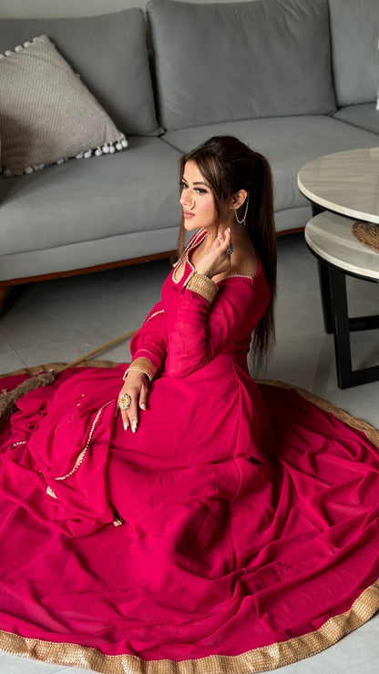 Viva Magenta Petal Neck Anarkali with Dupatta