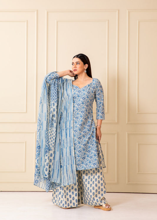 Raza Blue Printed Cotton Kurta Set with Dupatta