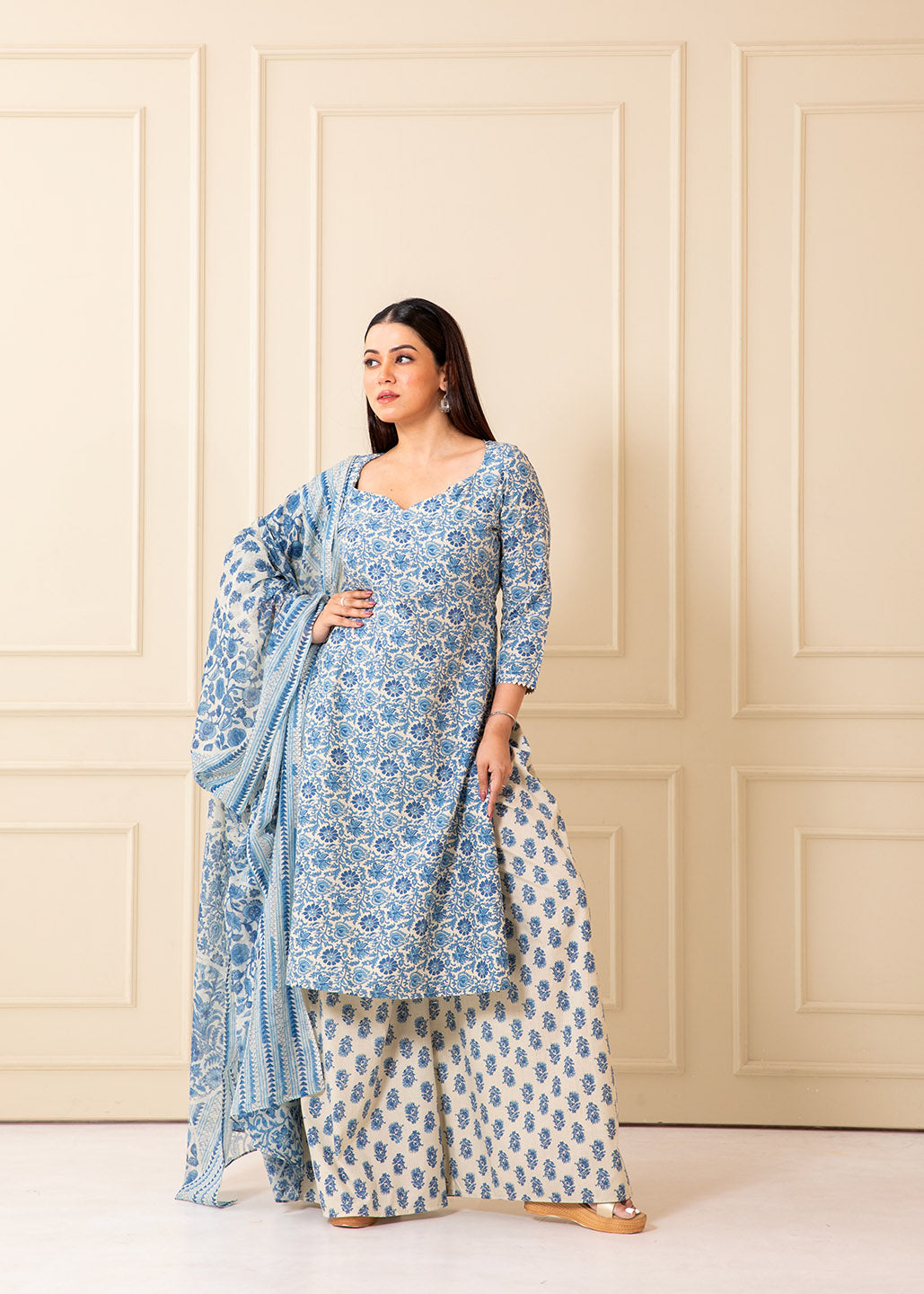 Raza Blue Printed Cotton Kurta Set with Dupatta