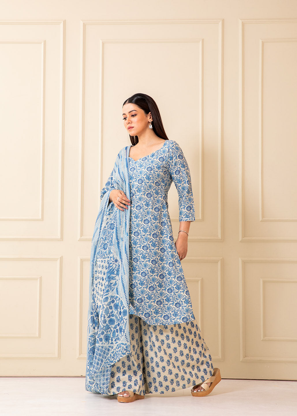 Raza Blue Printed Cotton Kurta Set with Dupatta