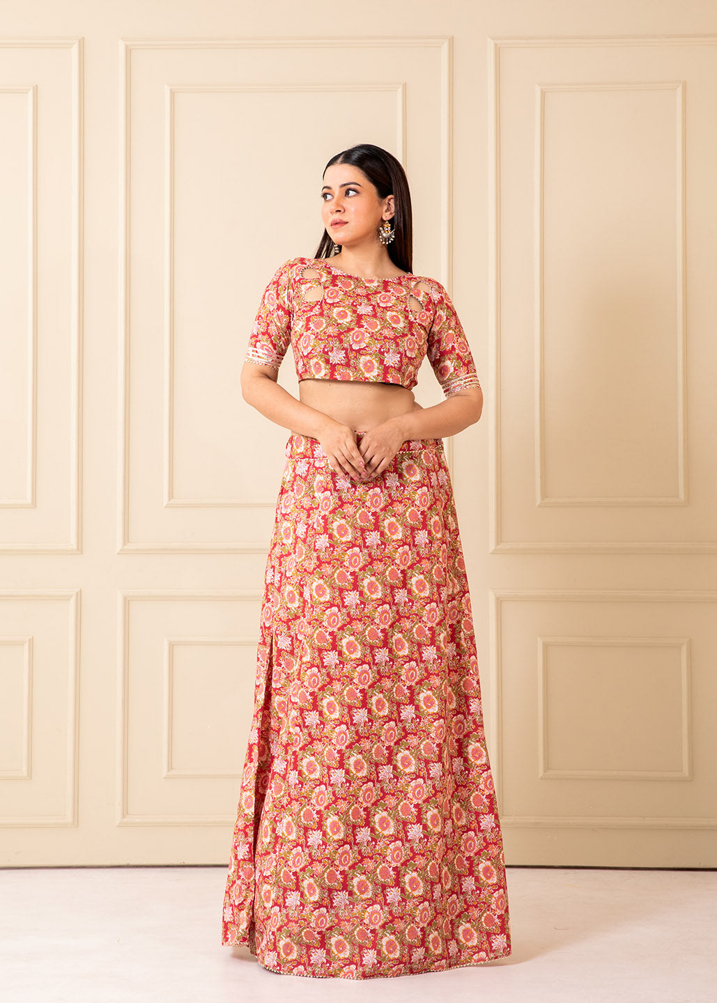 Gulaboo Cutout Neck Printed Cotton Lehenga Set