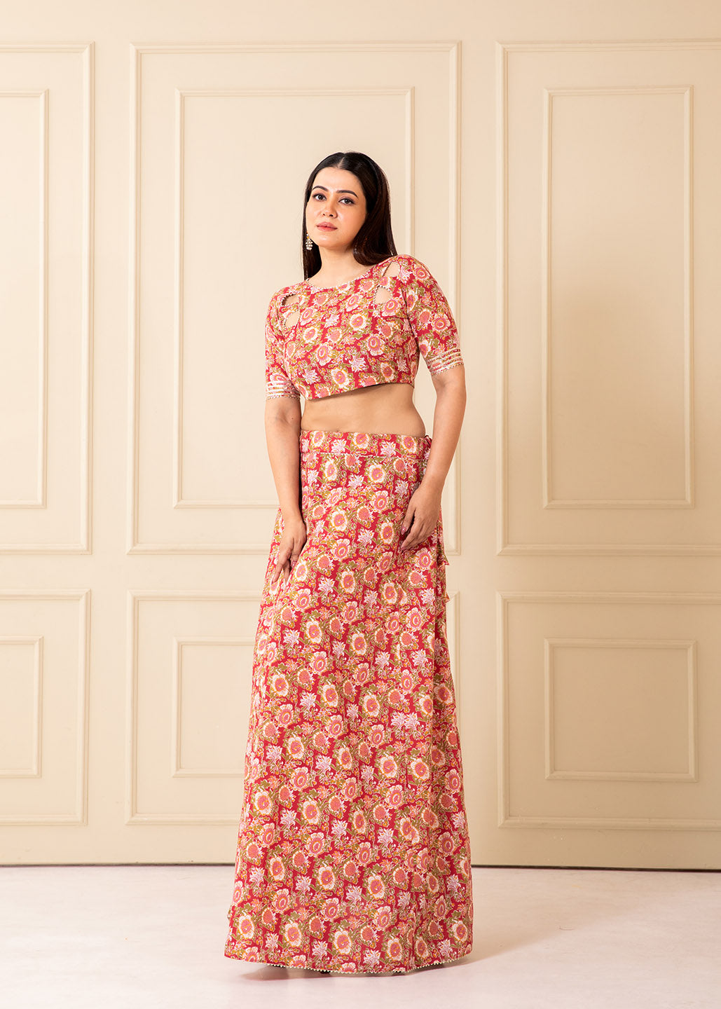 Gulaboo Cutout Neck Printed Cotton Lehenga Set