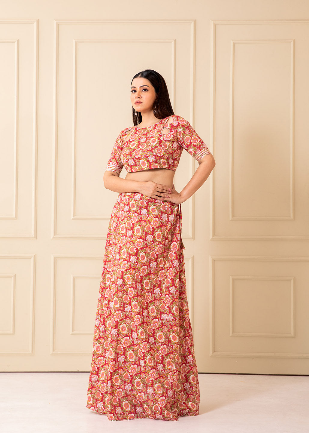 Gulaboo Cutout Neck Printed Cotton Lehenga Set