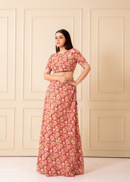 Gulaboo Cutout Neck Printed Cotton Lehenga Set