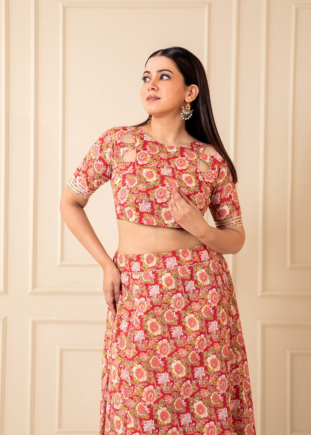 Gulaboo Cutout Neck Printed Cotton Lehenga Set