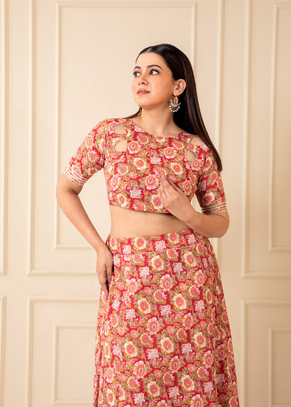 Gulaboo Cutout Neck Printed Cotton Lehenga Set