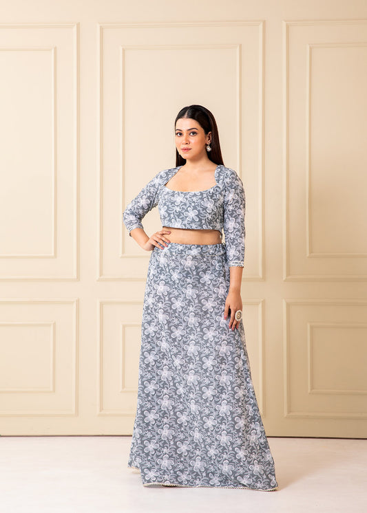 Slate Grey Printed Cotton Lehenga Set