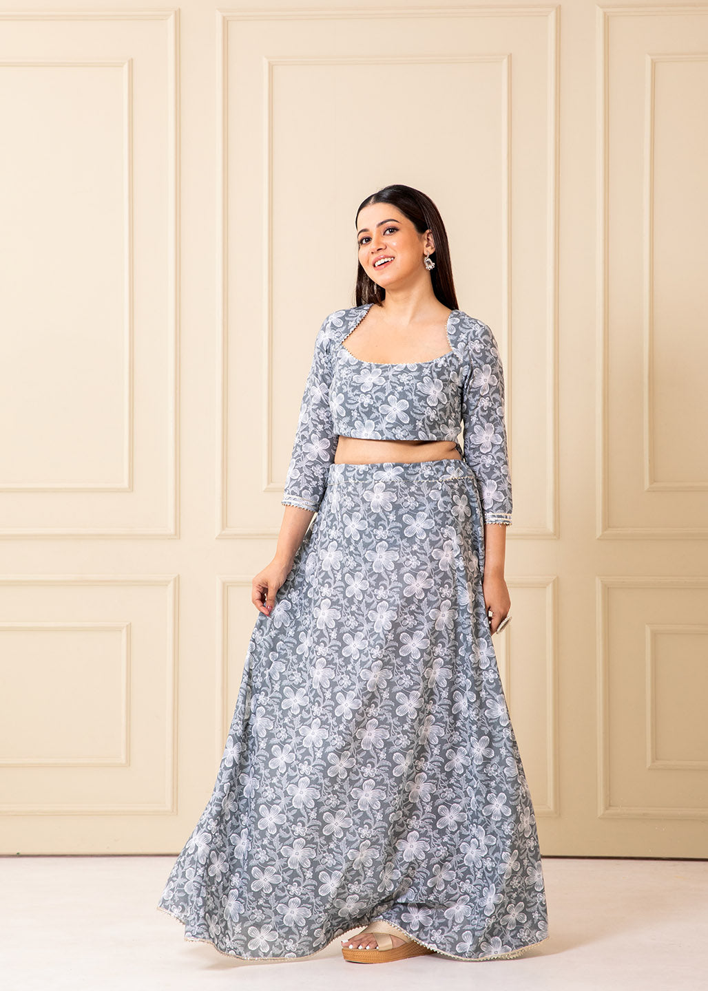 Slate Grey Printed Cotton Lehenga Set