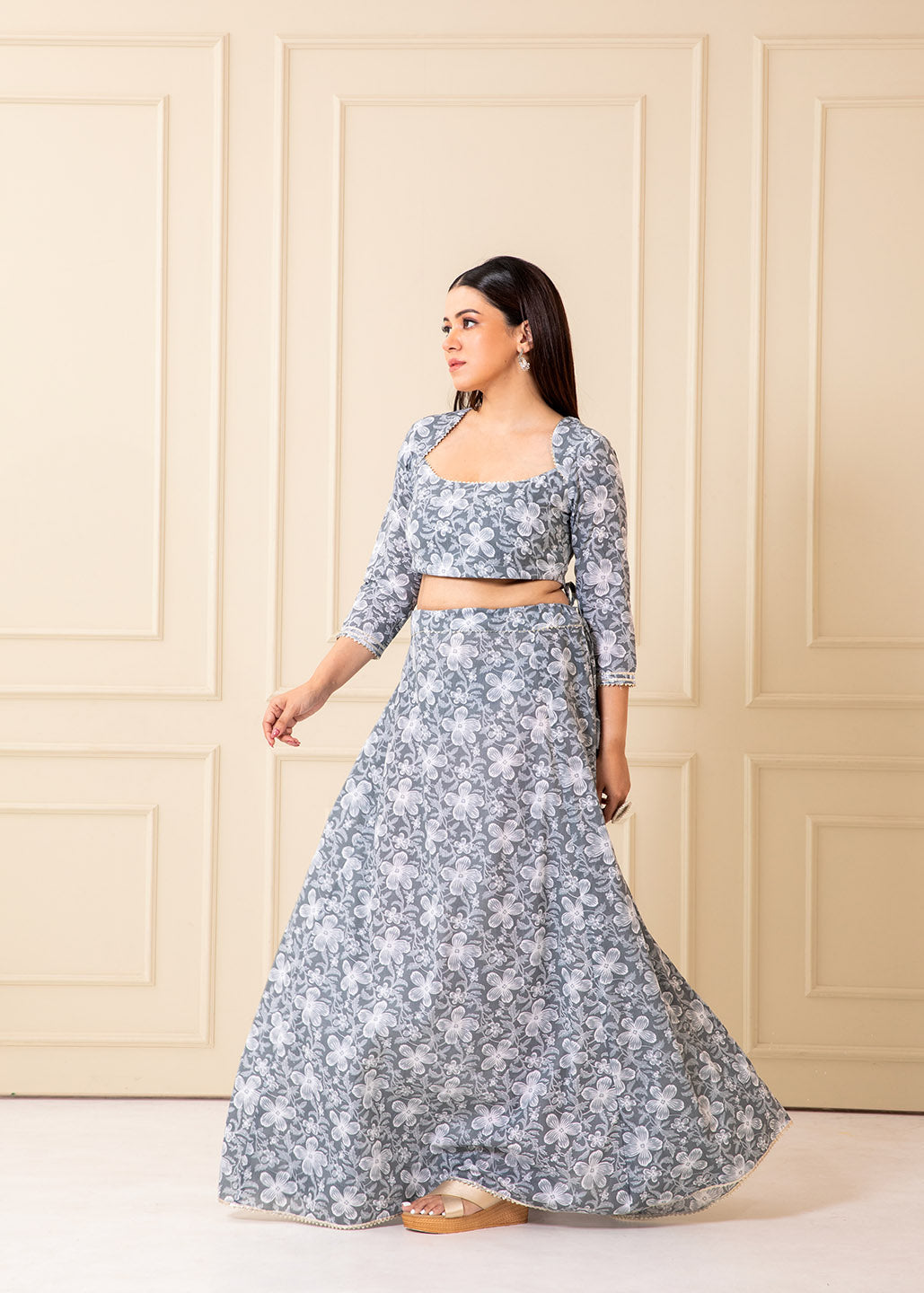 Slate Grey Printed Cotton Lehenga Set