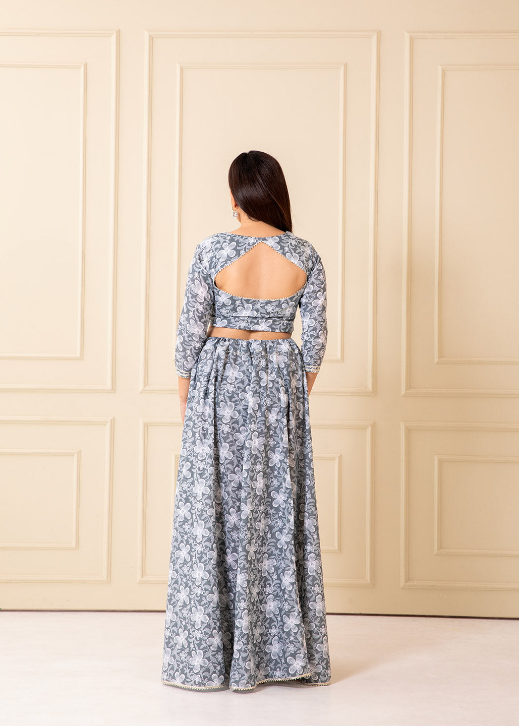 Slate Grey Printed Cotton Lehenga Set