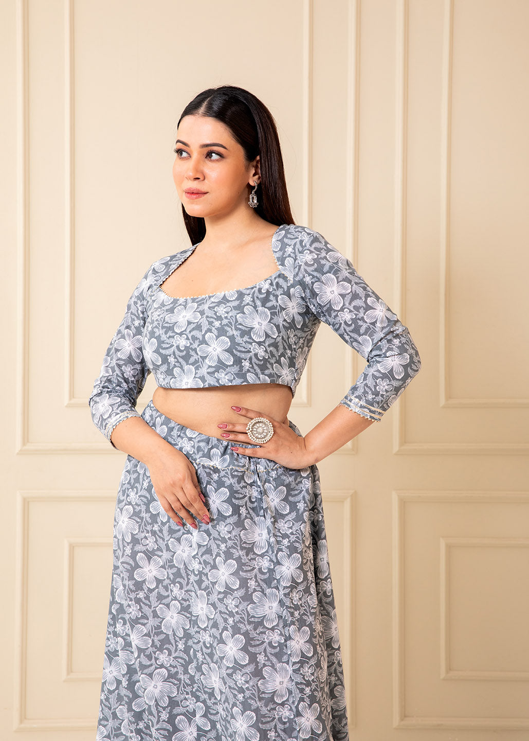 Slate Grey Printed Cotton Lehenga Set