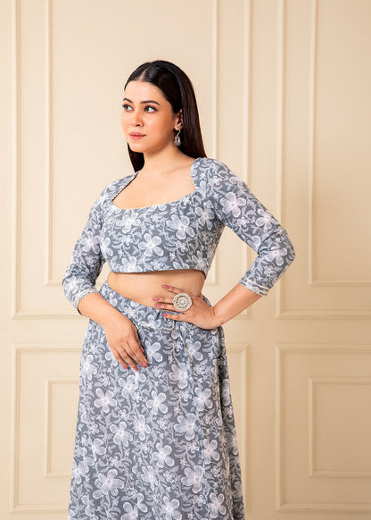 Slate Grey Printed Cotton Lehenga Set