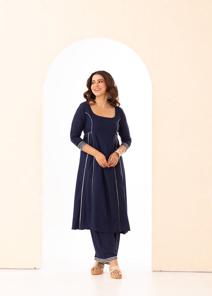 Regal Blue Square Neck Cotton Kurta Set